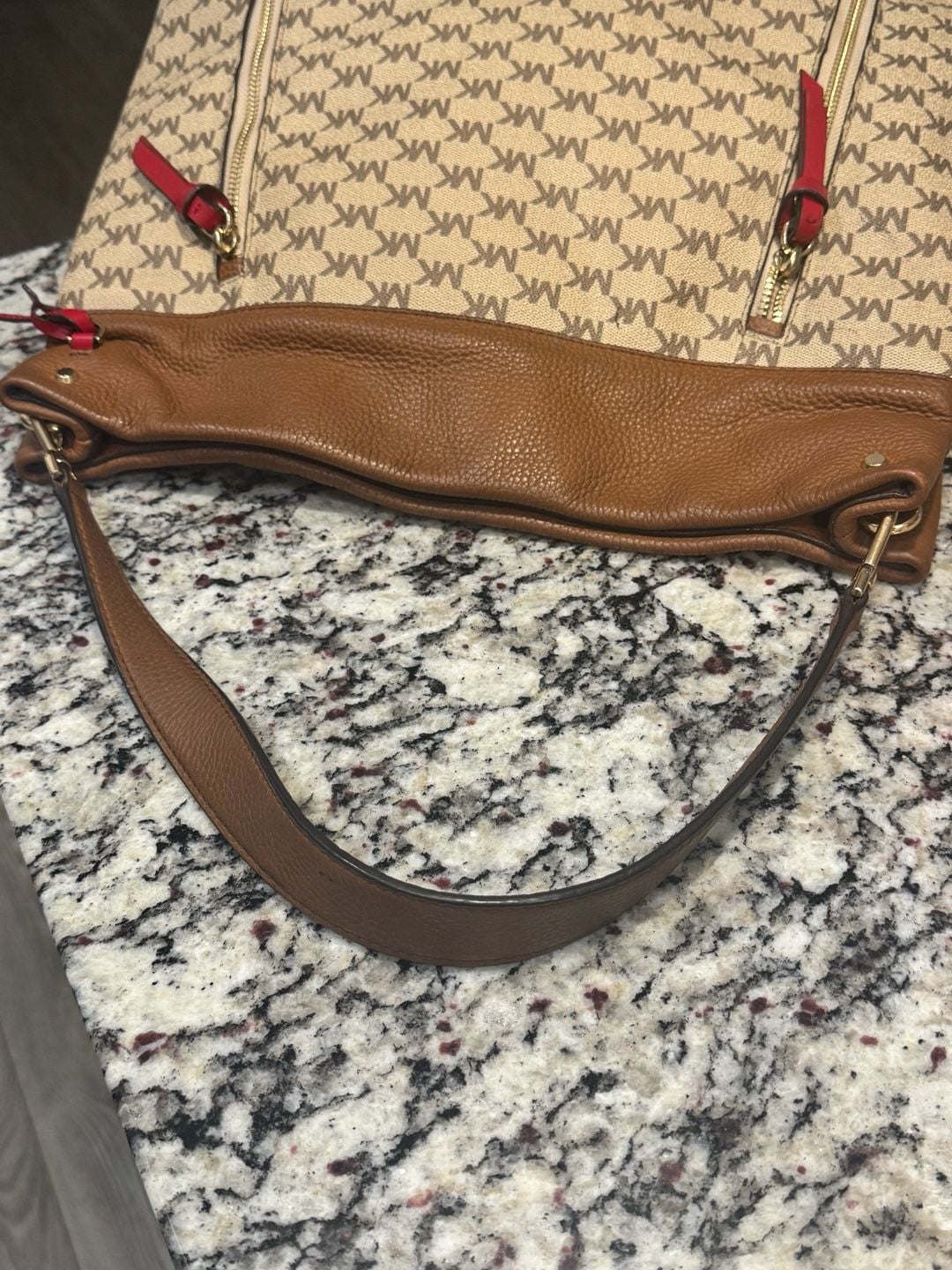 Michael Kors Lex Large Signature Logo Hobo Shoulder Bag Brown Red Leather  8