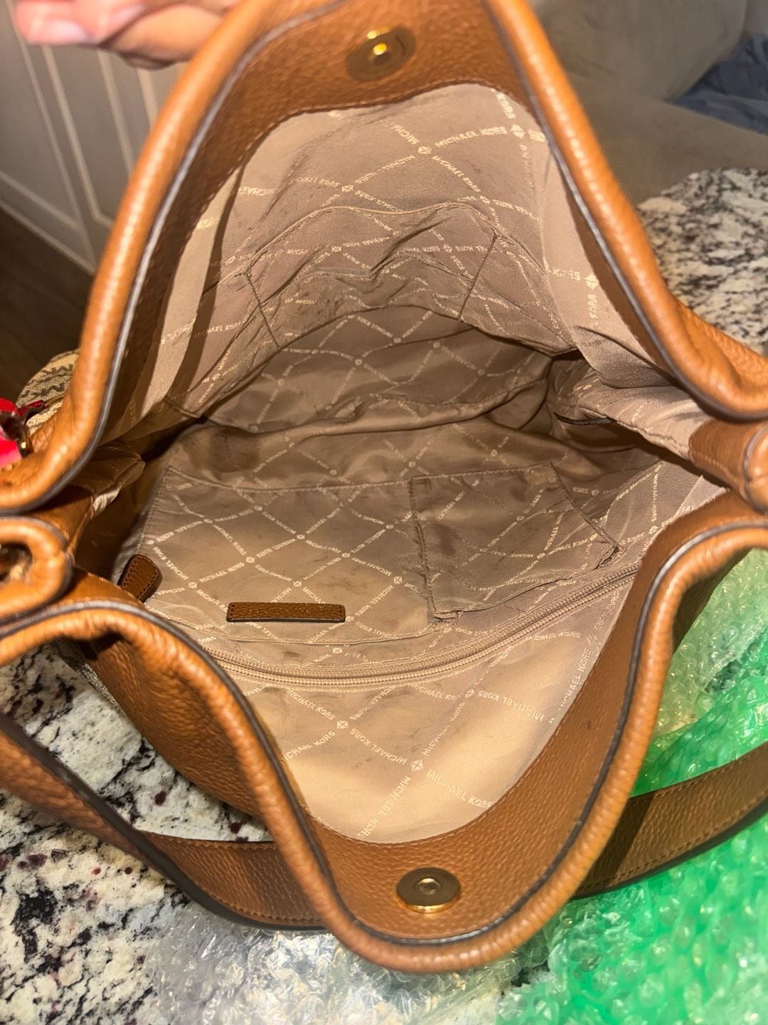 Michael Kors Lex Large Signature Logo Hobo Shoulder Bag Brown Red Leather  9