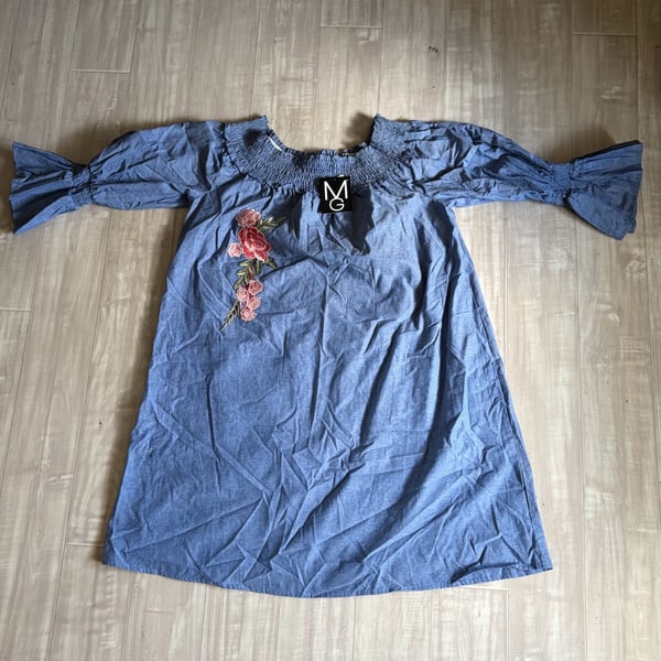 Mlle Gabrielle Blue Denim Off-Shoulder Embroidered Floral Shift Dress