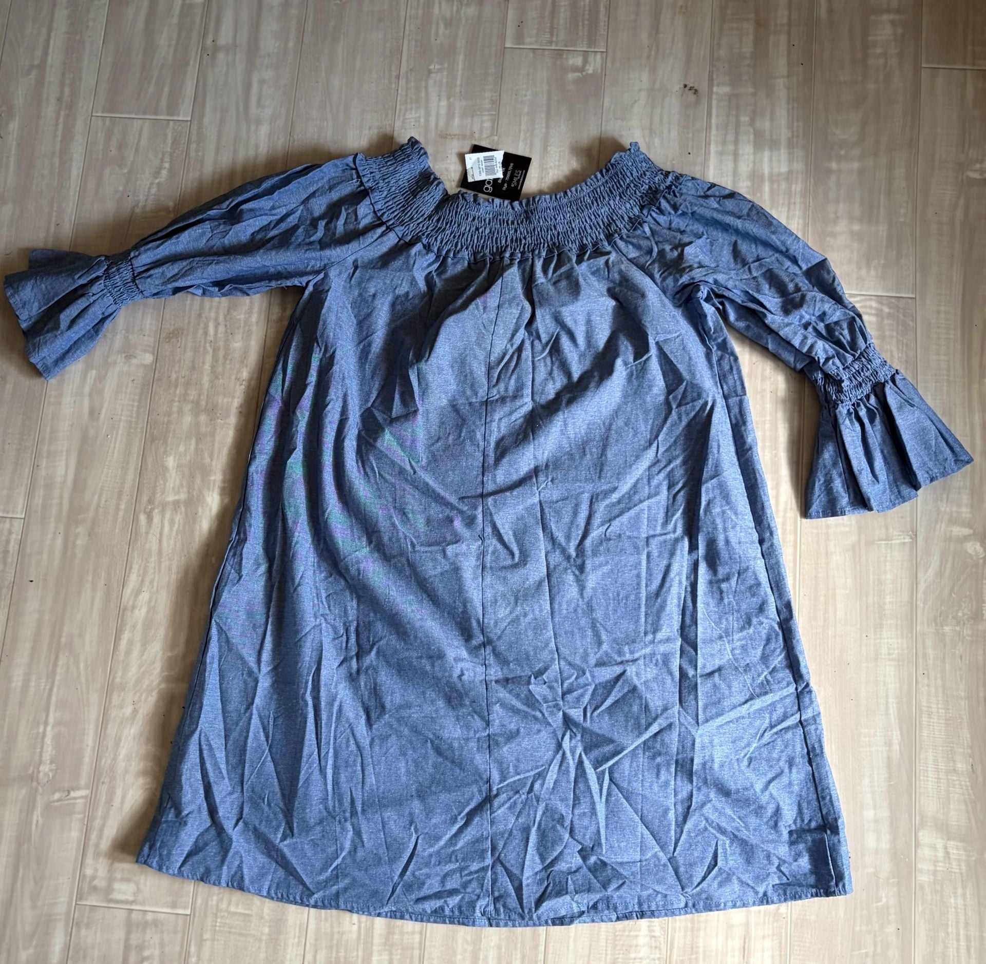 Mlle Gabrielle Blue Denim Off-Shoulder Embroidered Floral Shift Dress 3