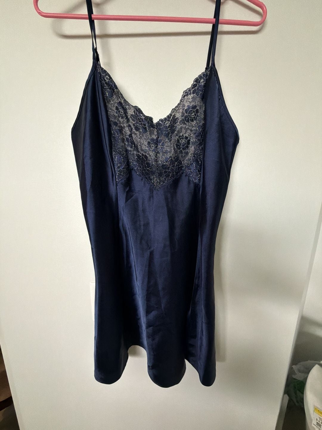 Victoria's Secret Vintage Navy Blue Satin Slip Chemise with Lace Detail 1