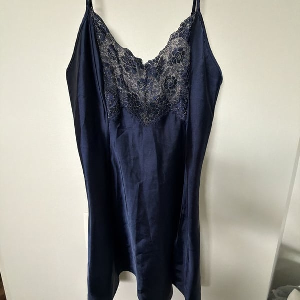 Victoria's Secret Vintage Navy Blue Satin Slip Chemise with Lace Detail