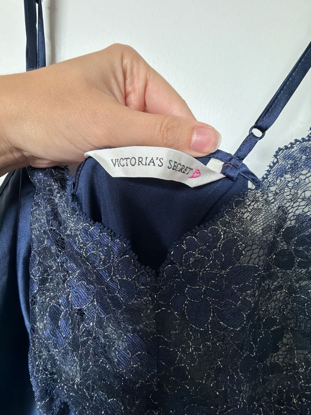 Victoria's Secret Vintage Navy Blue Satin Slip Chemise with Lace Detail 3