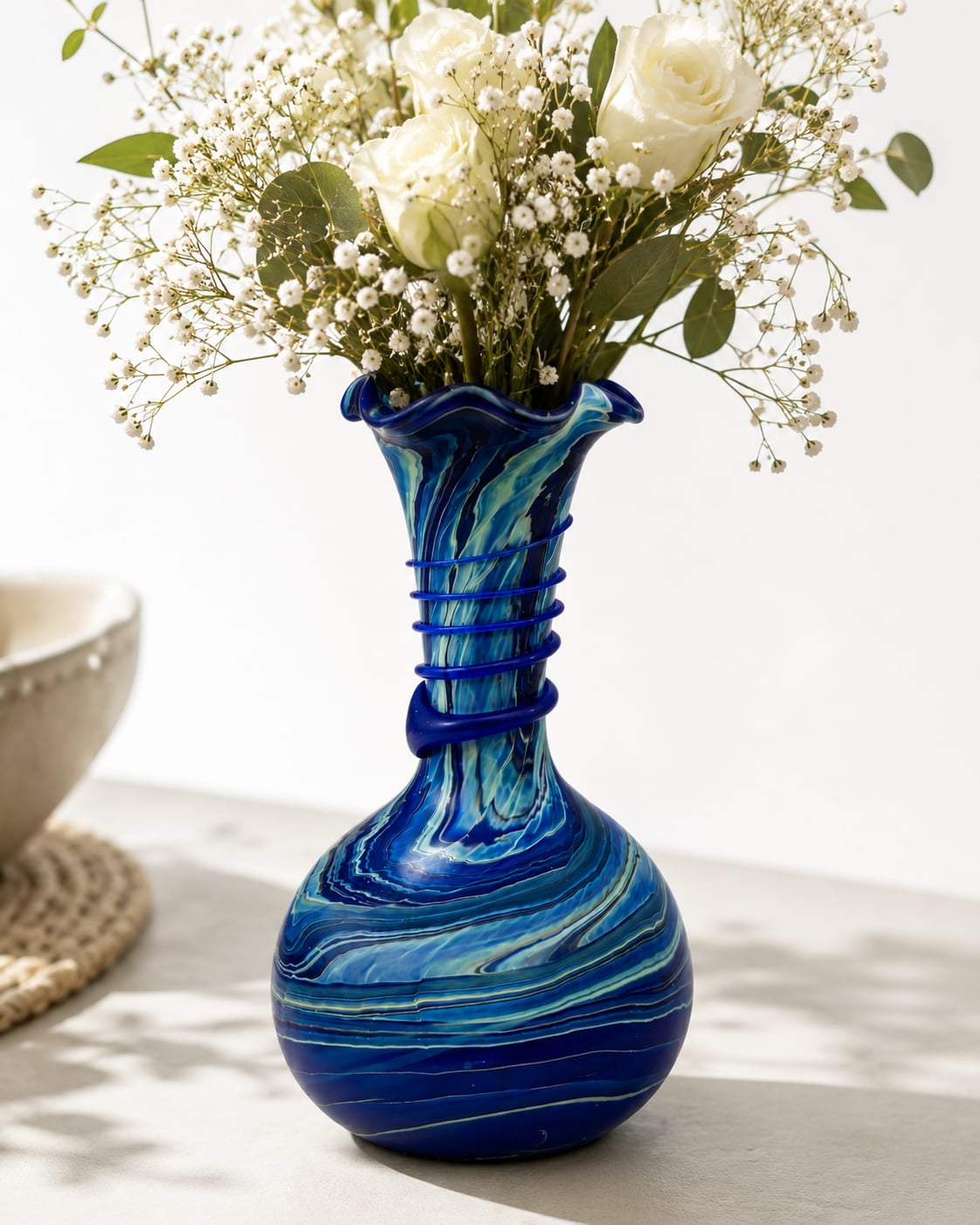 Phoenician Hand-Blown Swirl Glass Vase with Blue Spiral Detail 1