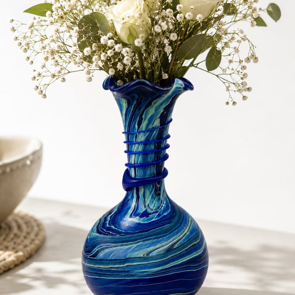 Phoenician Hand-Blown Swirl Glass Vase with Blue Spiral Detail