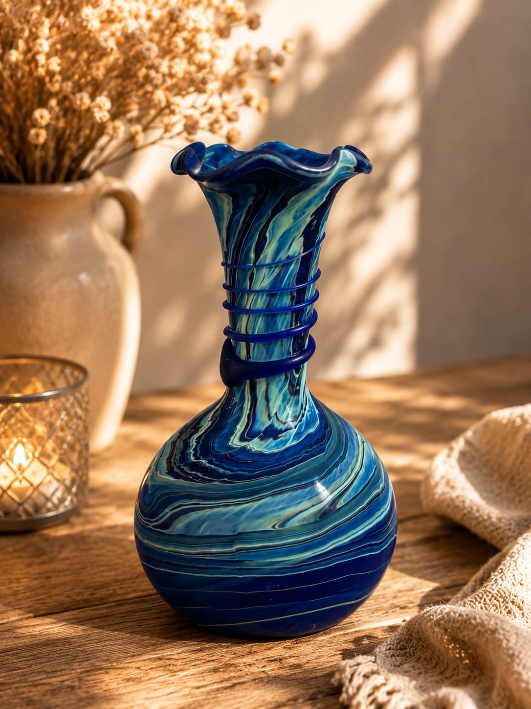 Phoenician Hand-Blown Swirl Glass Vase with Blue Spiral Detail 2