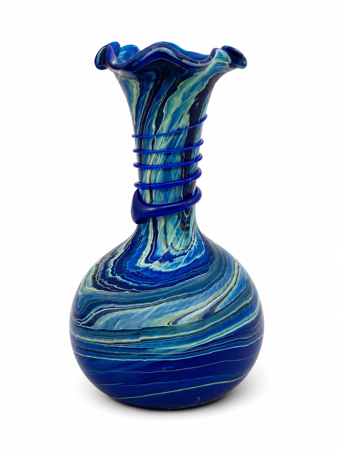 Phoenician Hand-Blown Swirl Glass Vase with Blue Spiral Detail 3