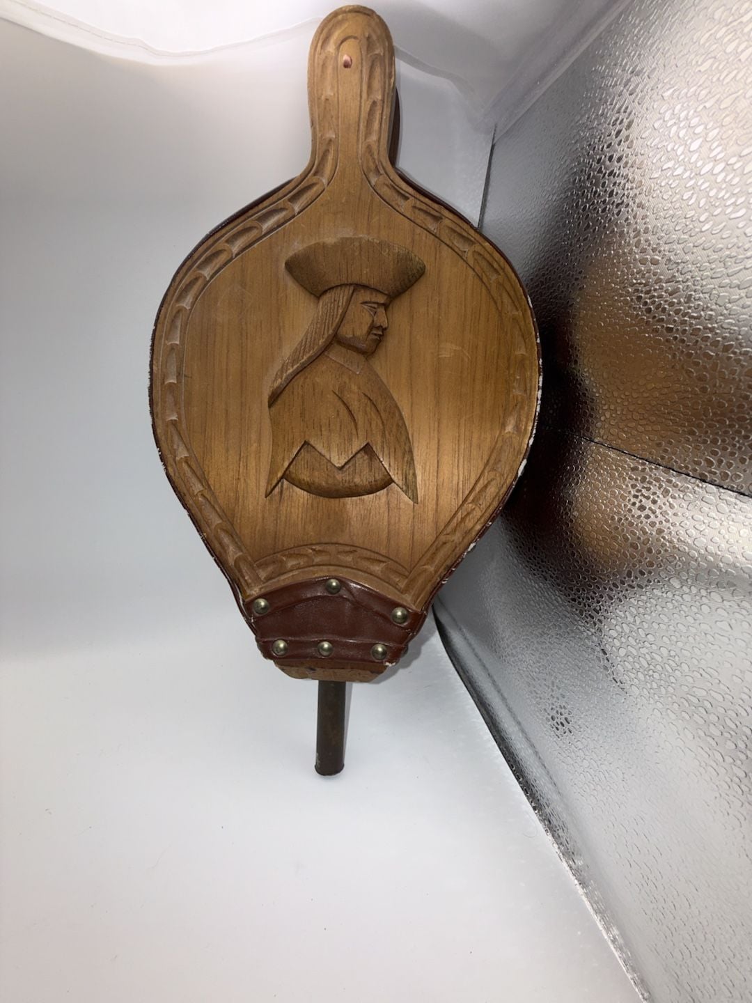 Vintage Hand-Carved Wooden Fireplace Bellows with Colonial Figure and Landscape 1
