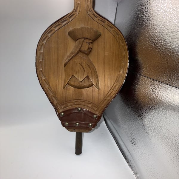 Vintage Hand-Carved Wooden Fireplace Bellows with Colonial Figure and Landscape