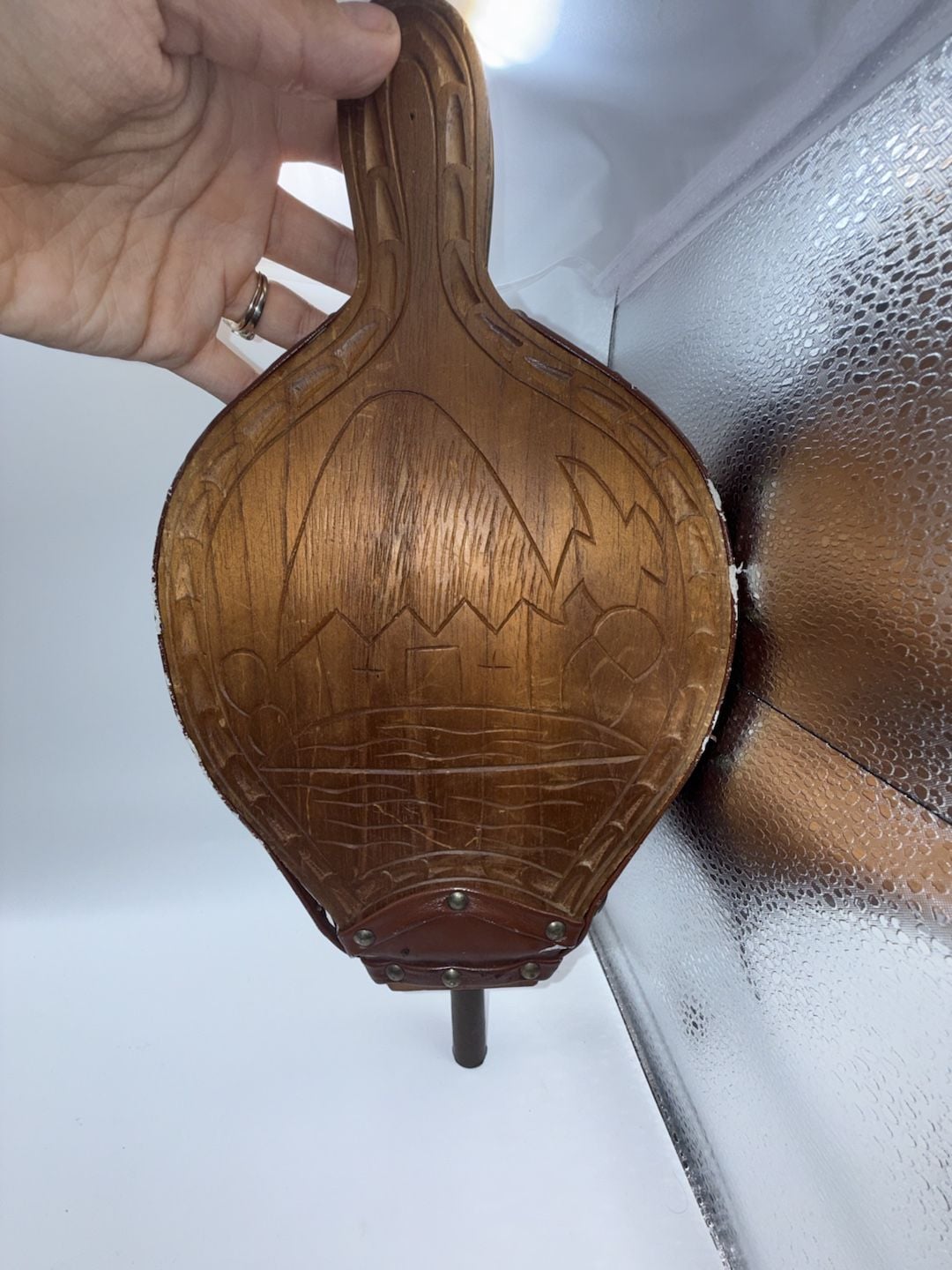 Vintage Hand-Carved Wooden Fireplace Bellows with Colonial Figure and Landscape 3
