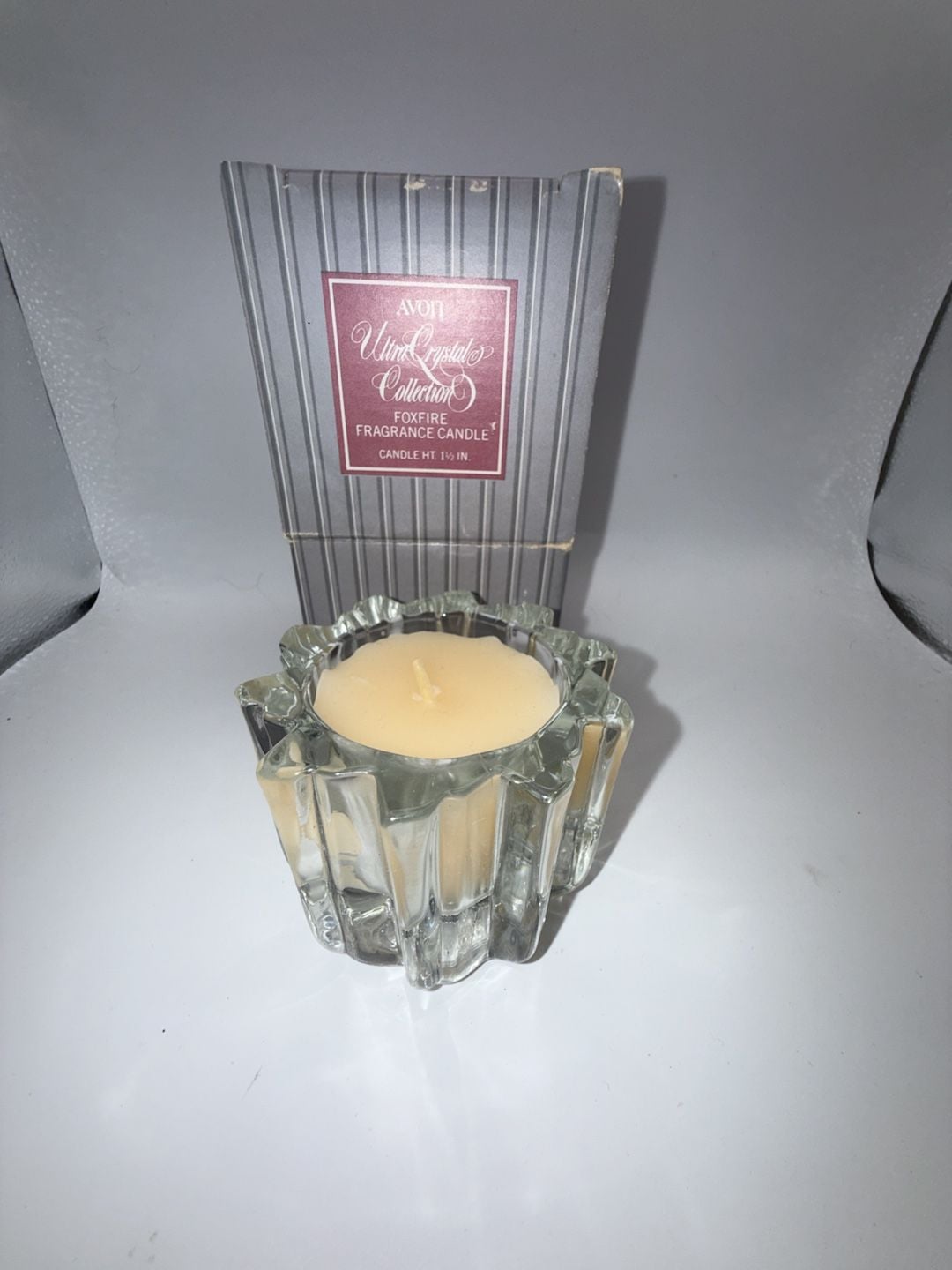 Vintage 1981 Avon Crystal Foxfire Fragrance Candle with Faceted Glass Holder 3
