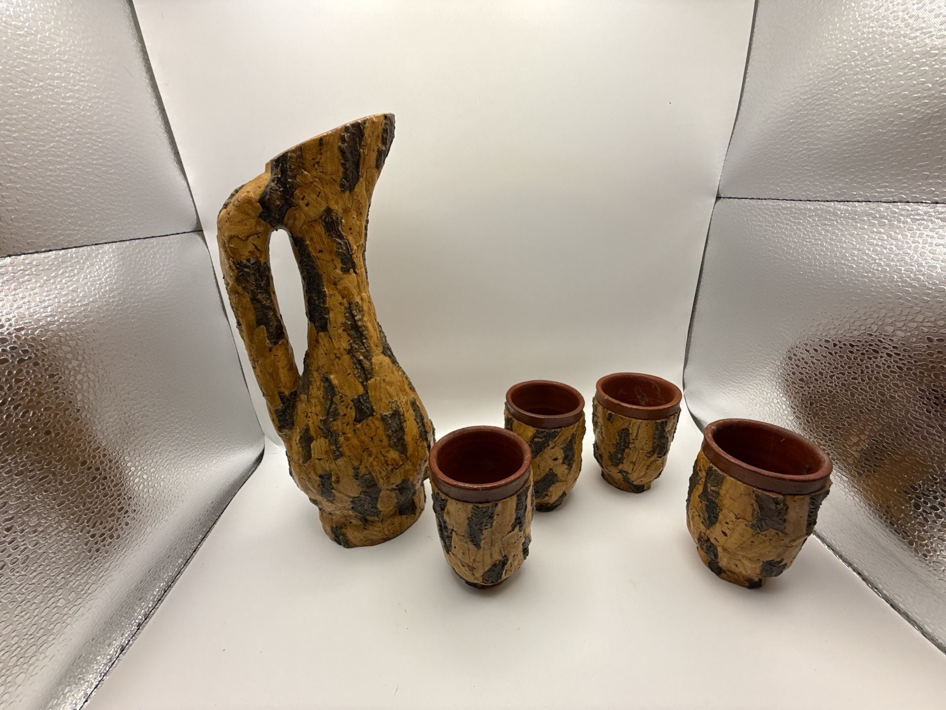 Vintage Italian Cork Bark Covered Pottery Pitcher and Cups Set 1