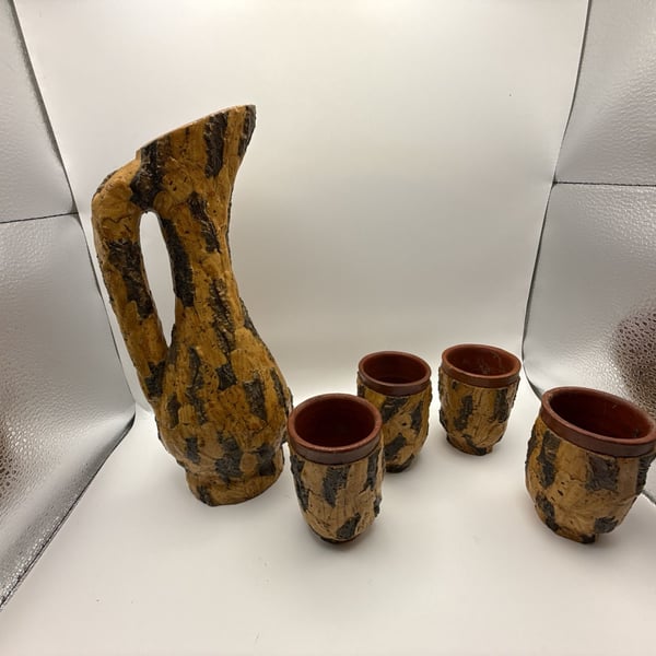 Vintage Italian Cork Bark Covered Pottery Pitcher and Cups Set