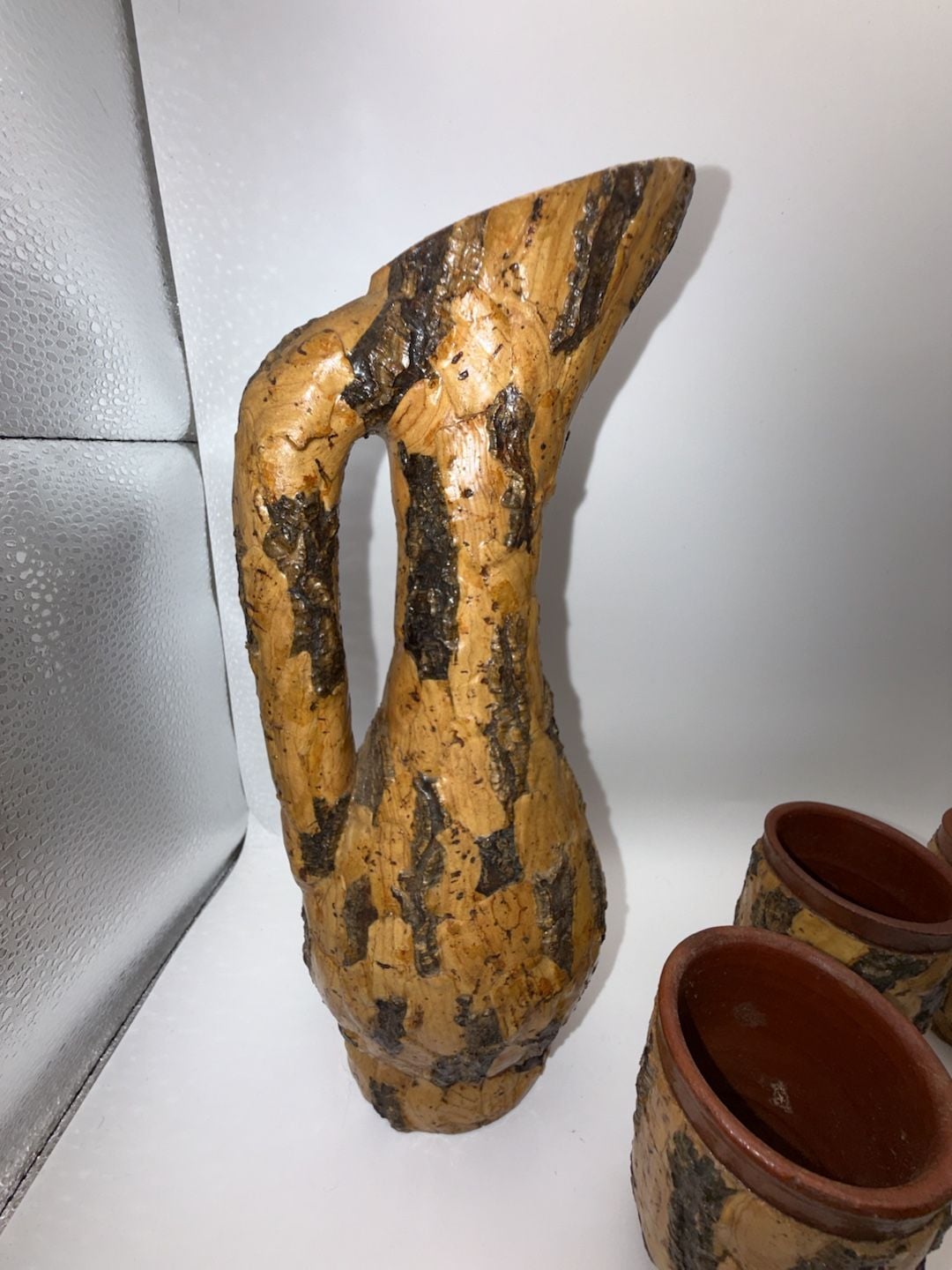 Vintage Italian Cork Bark Covered Pottery Pitcher and Cups Set 2