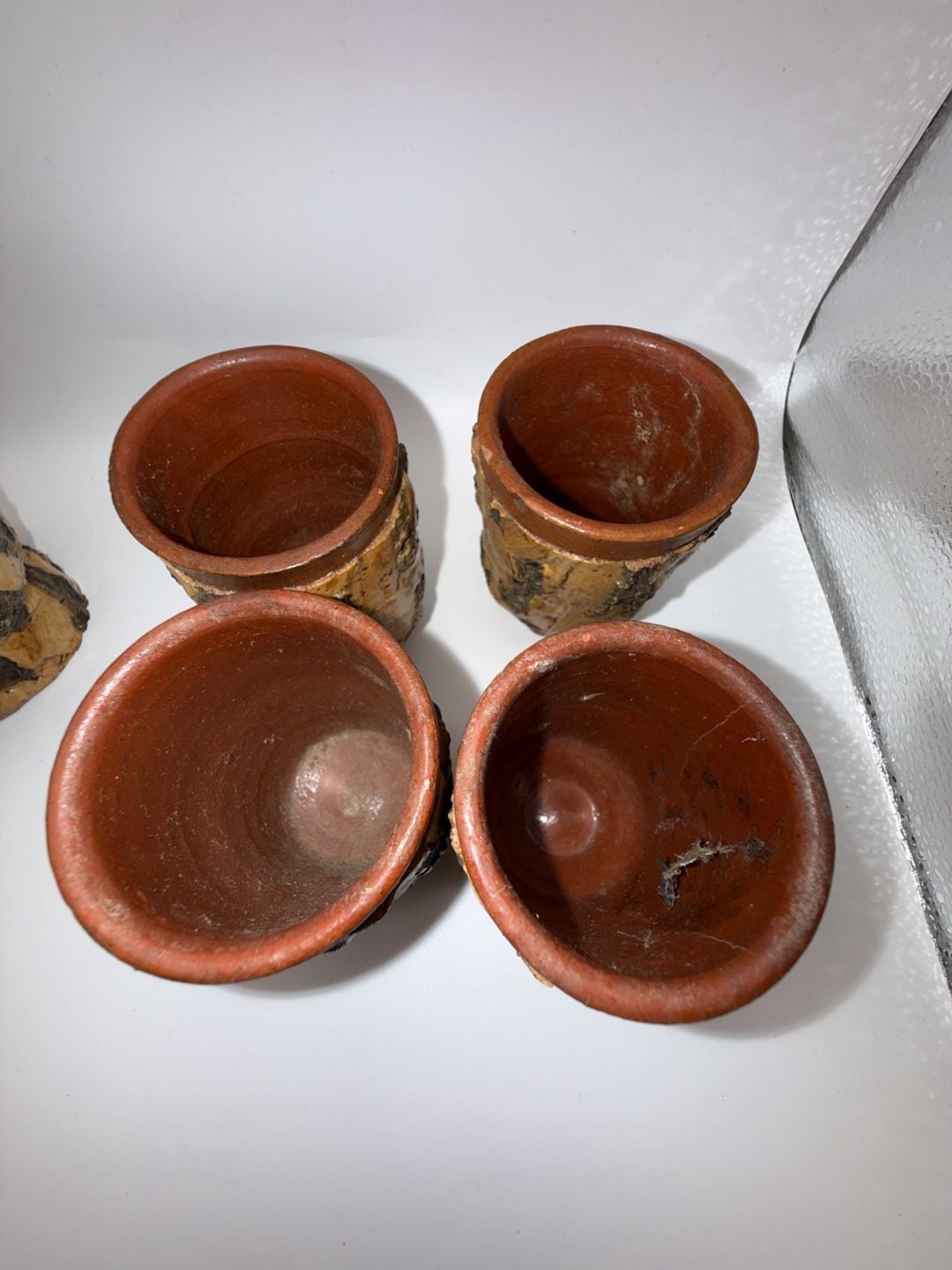 Vintage Italian Cork Bark Covered Pottery Pitcher and Cups Set 3