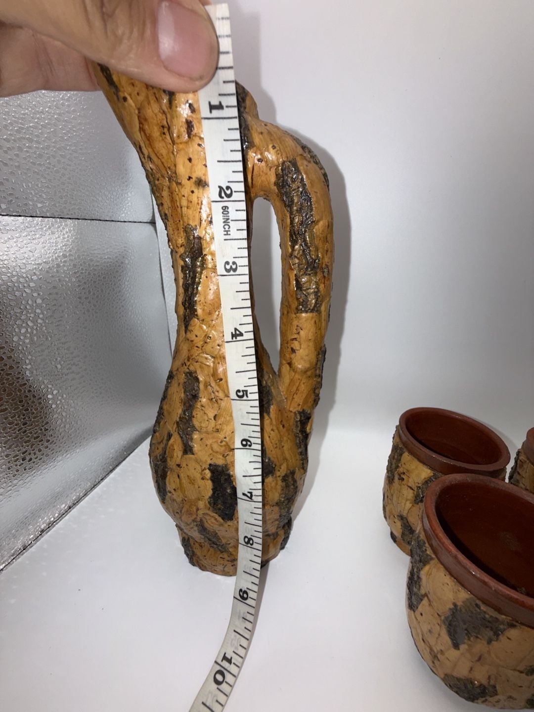 Vintage Italian Cork Bark Covered Pottery Pitcher and Cups Set 4