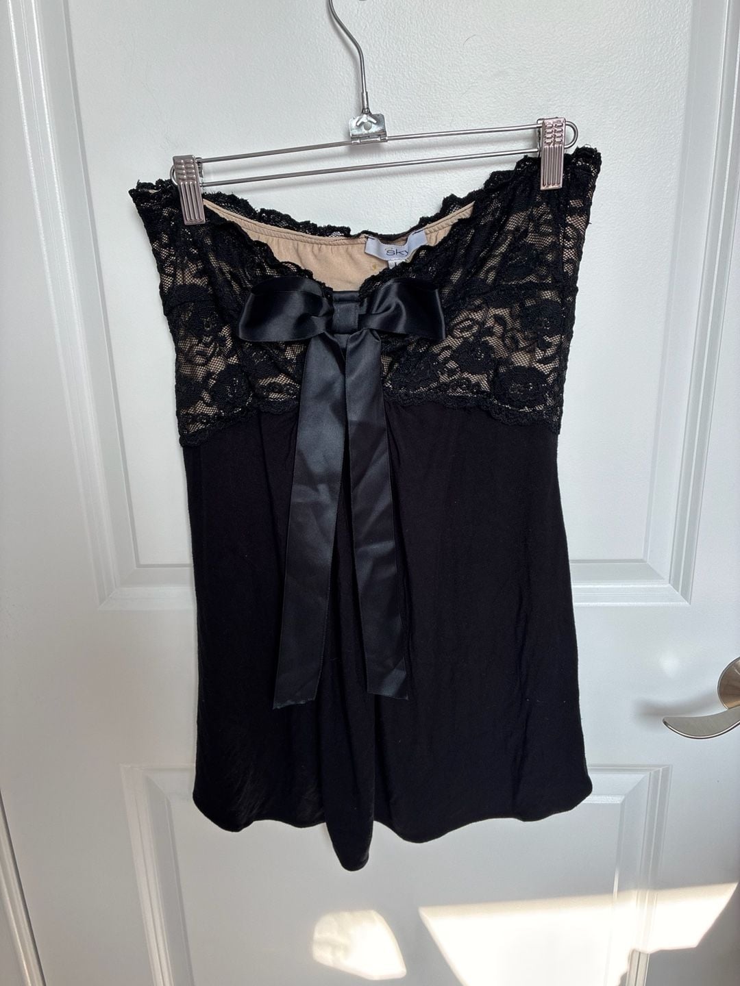 Sky Lingerie Women's Black Babydoll Chemise with Lace Overlay and Satin Bow Detail 2