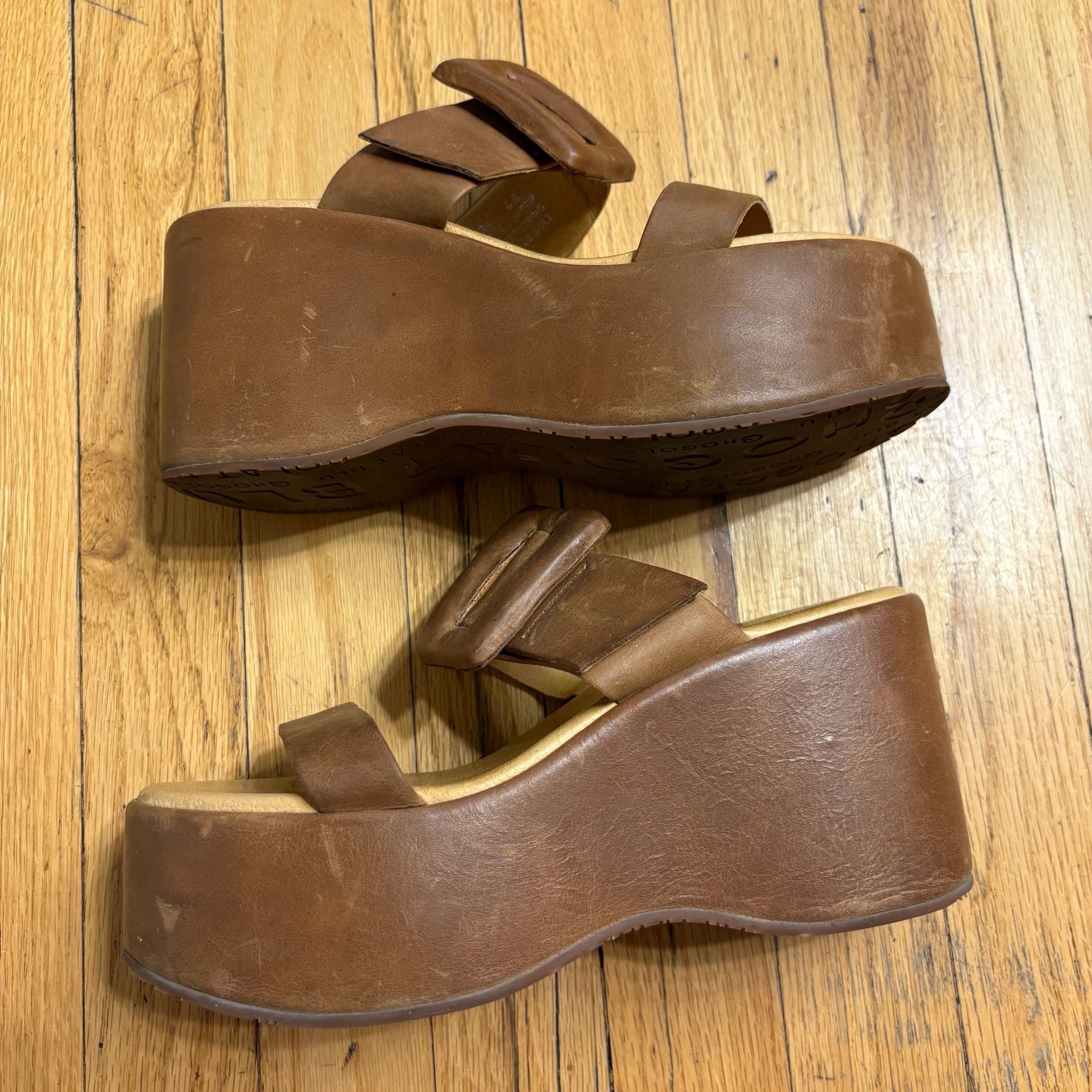 Chocolat Blu Kaira Leather Platform Wedge Sandals in Camel 3
