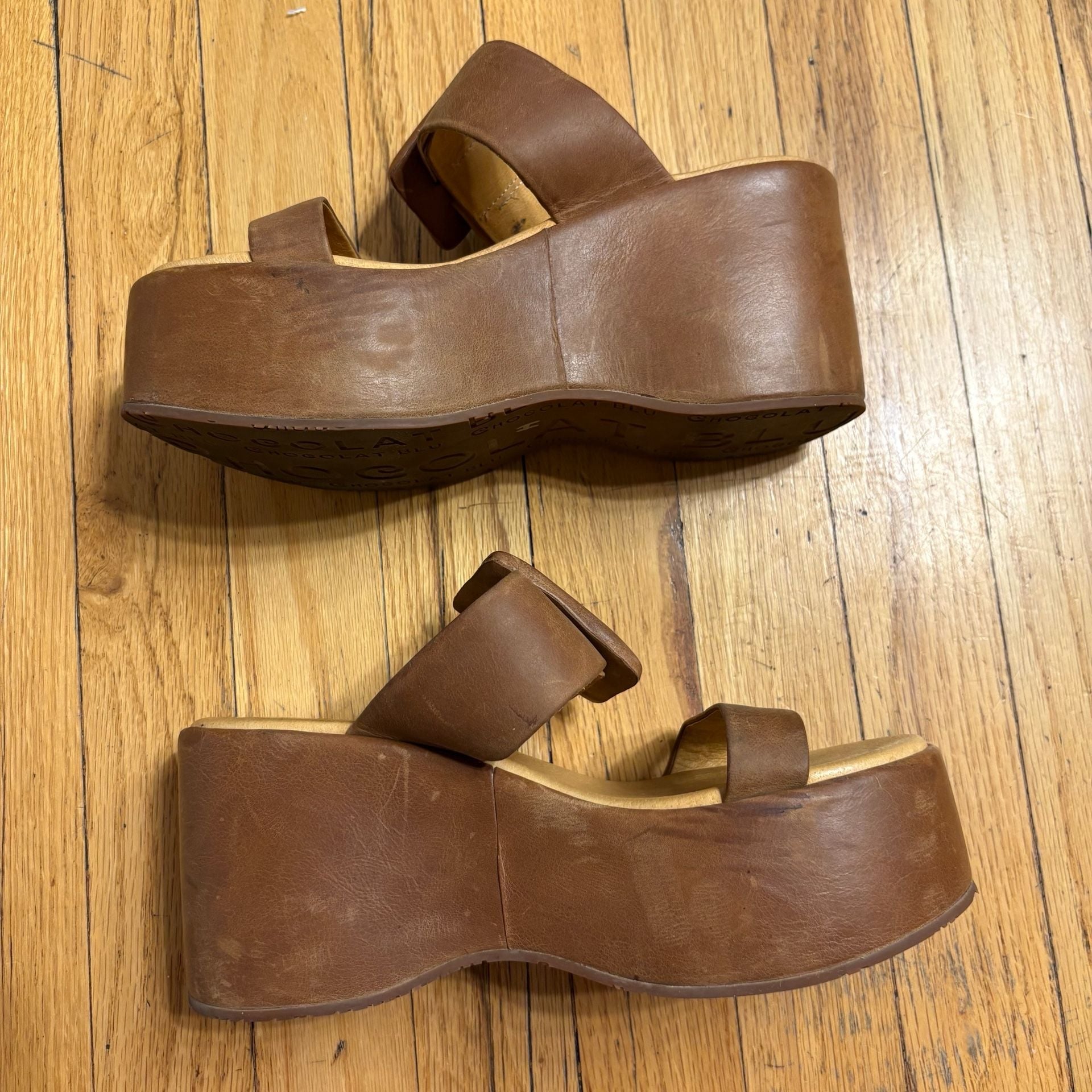 Chocolat Blu Kaira Leather Platform Wedge Sandals in Camel 4