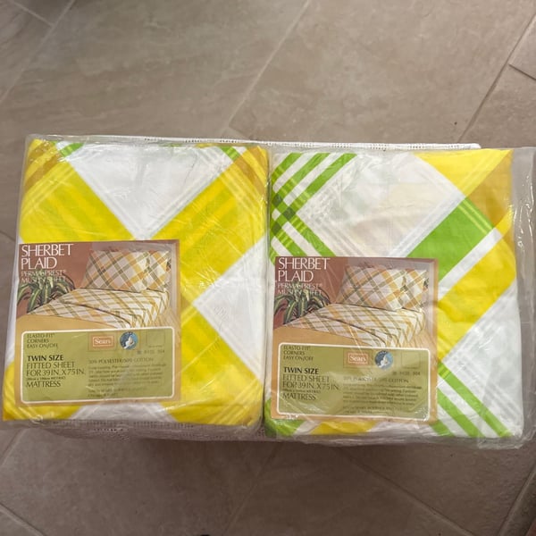 Vintage Sears Sherbet Plaid Perma-Prest Muslin Twin Flat Sheet Set (2 Pack)