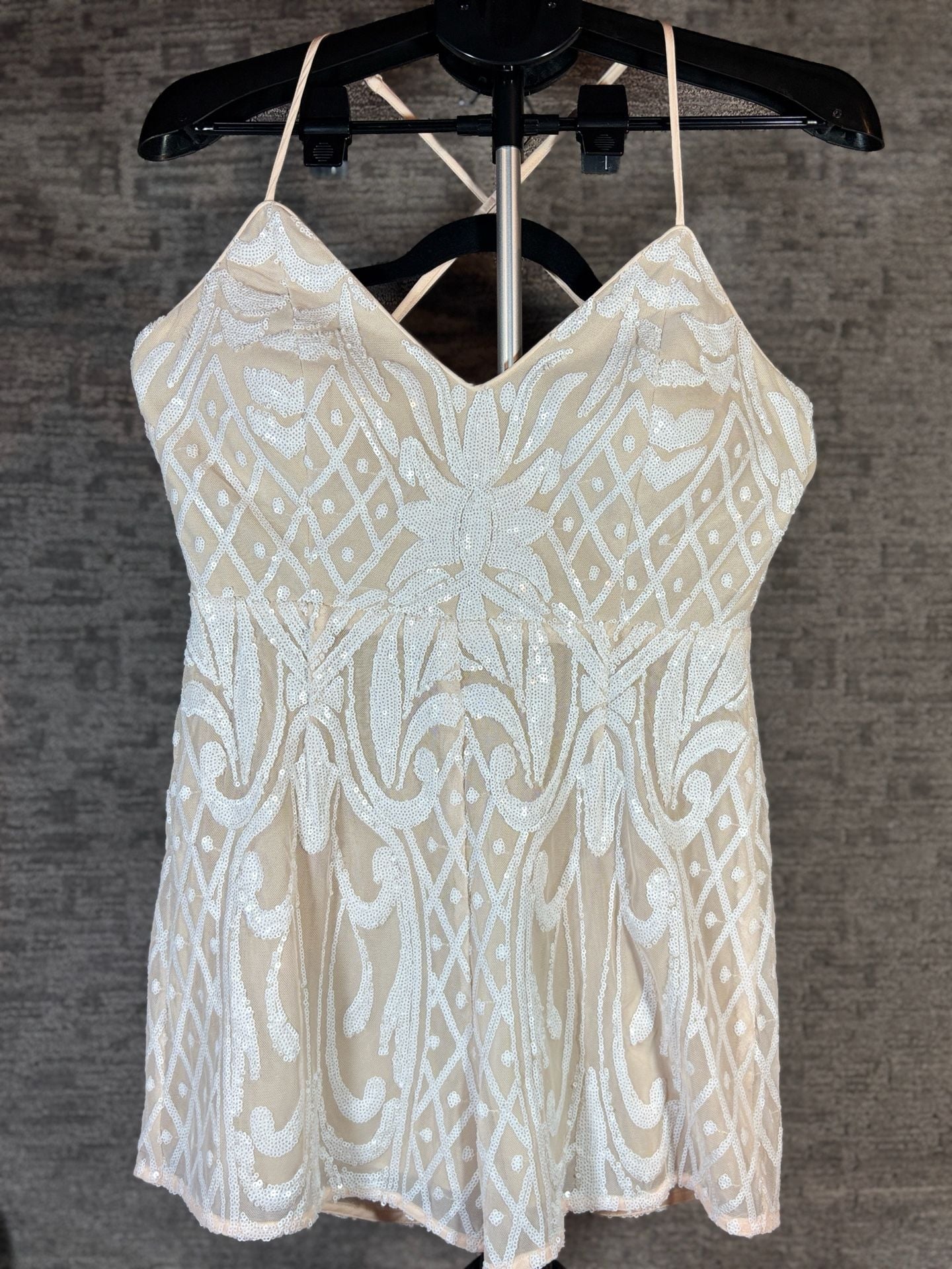 Lulus Catch a Spark White and Beige Sequin Romper 2