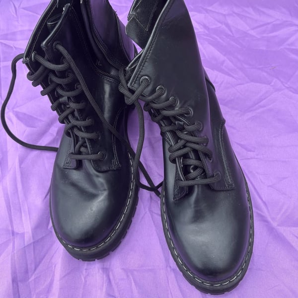 Madden NYC Women's Black Lace-Up Lug Sole Combat Boots with Side Zipper