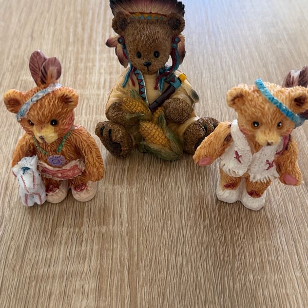 Set of 3 Native American Theme Resin Teddy Bear Figurines