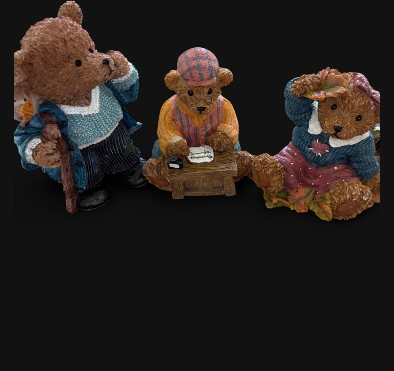 Set of 3 Vintage Resin Bear Figurines Including Hiking Bear, Writing Bear, and Autumn Bear 1