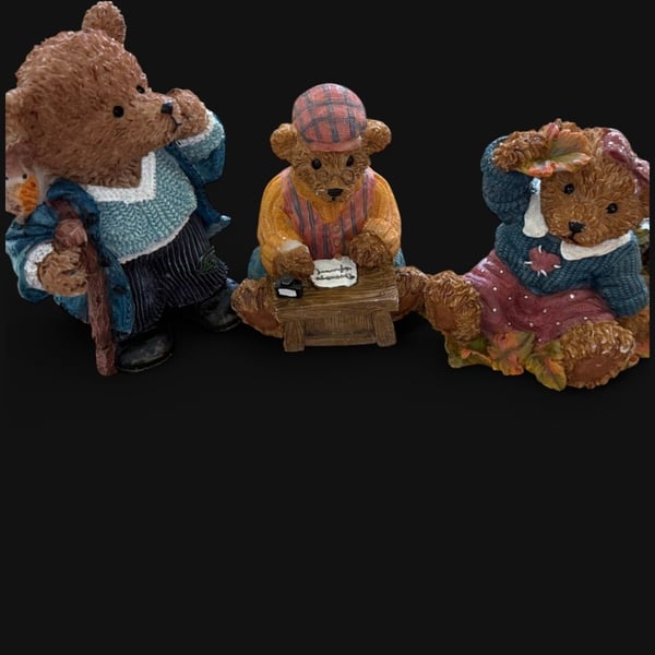 Set of 3 Vintage Resin Bear Figurines Including Hiking Bear, Writing Bear, and Autumn Bear