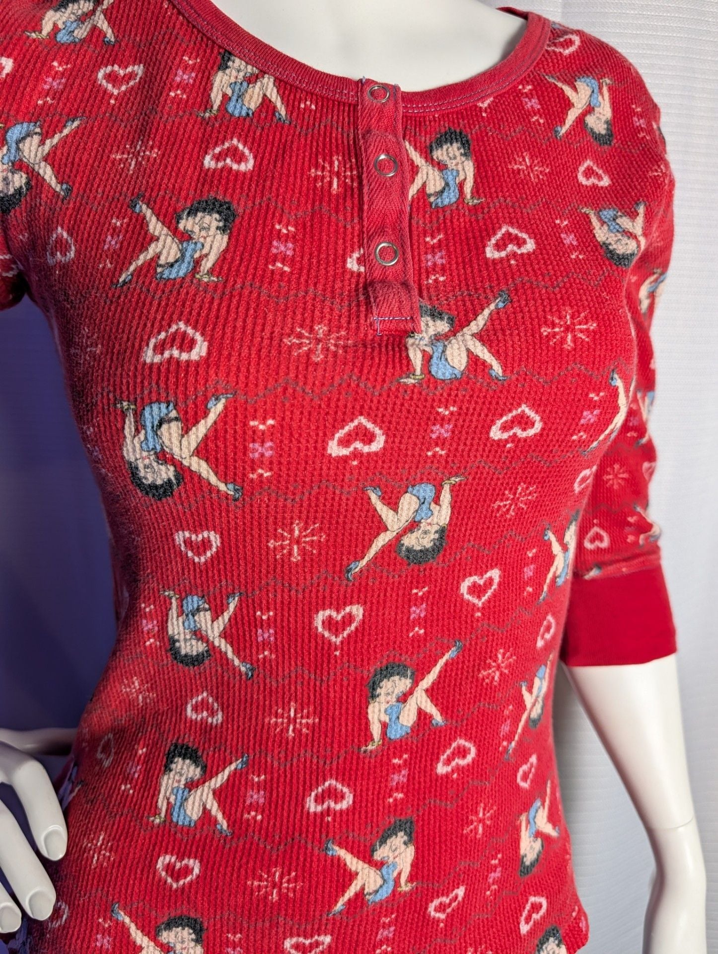 Y2k Betty Boop Red Waffle Knit Henley Long Sleeve Top 4