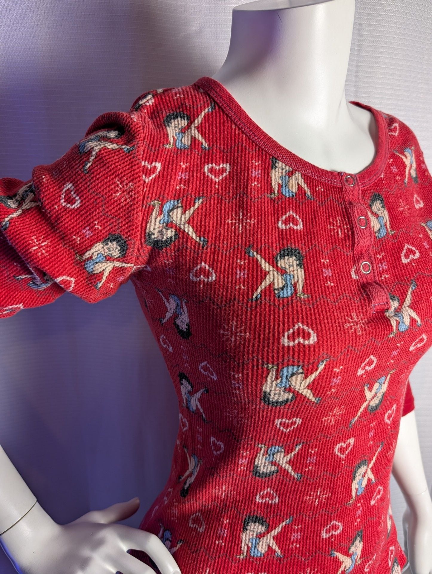Y2k Betty Boop Red Waffle Knit Henley Long Sleeve Top 5