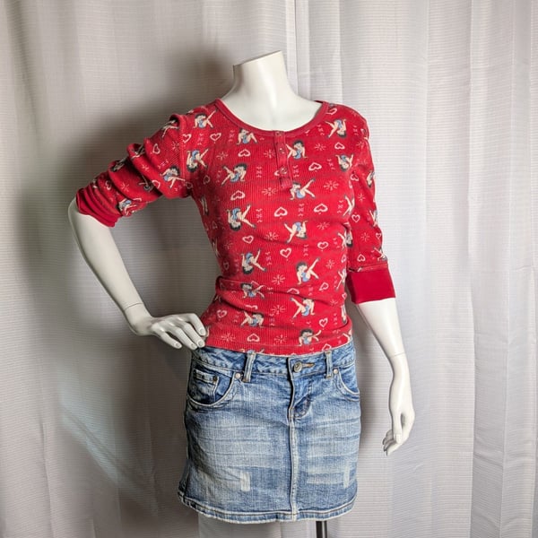 Y2k Betty Boop Red Waffle Knit Henley Long Sleeve Top