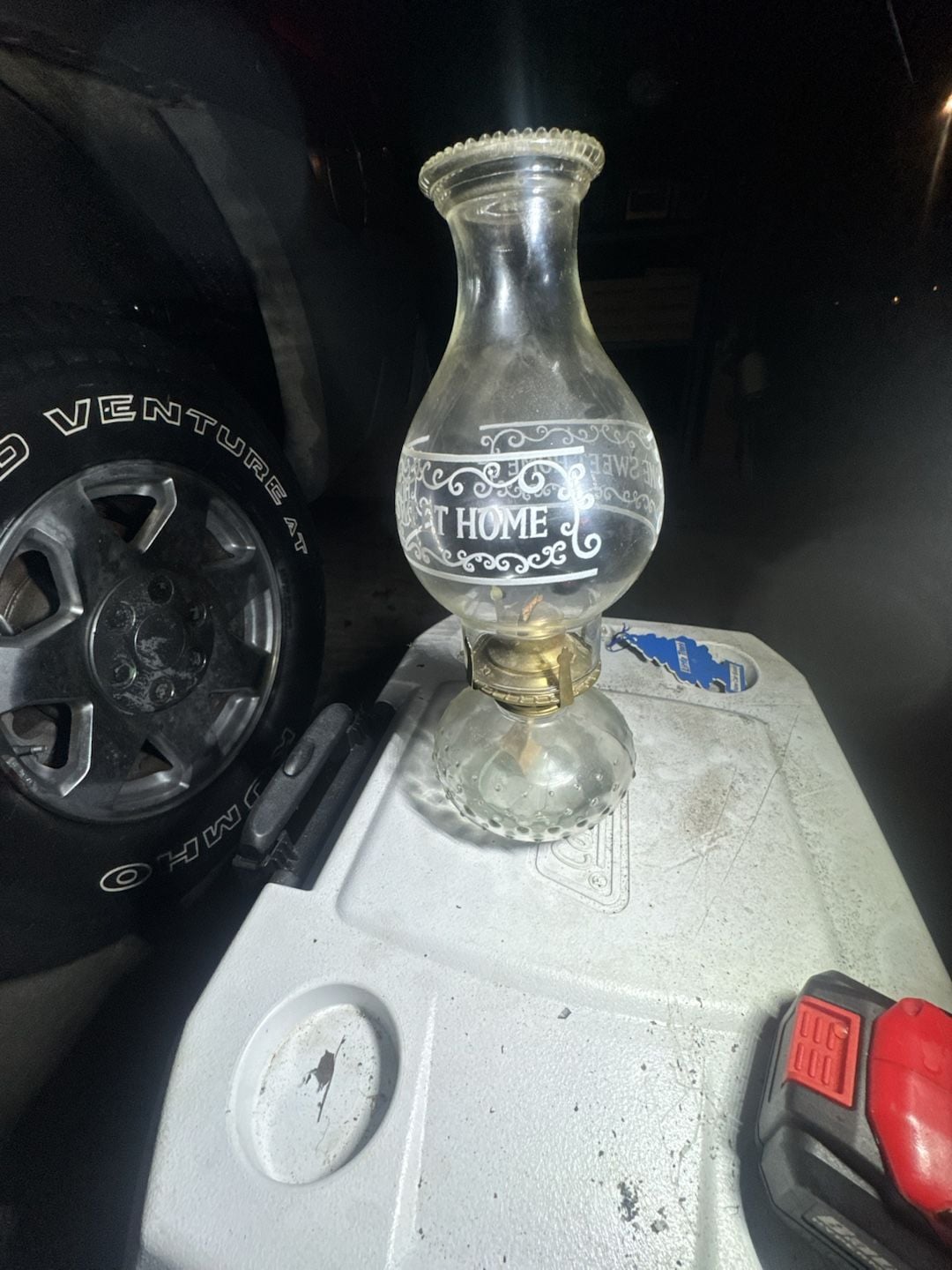 Vintage Clear Hobnail Glass Kerosene Oil Lamp with Home Sweet Home Hurricane Chimney 1