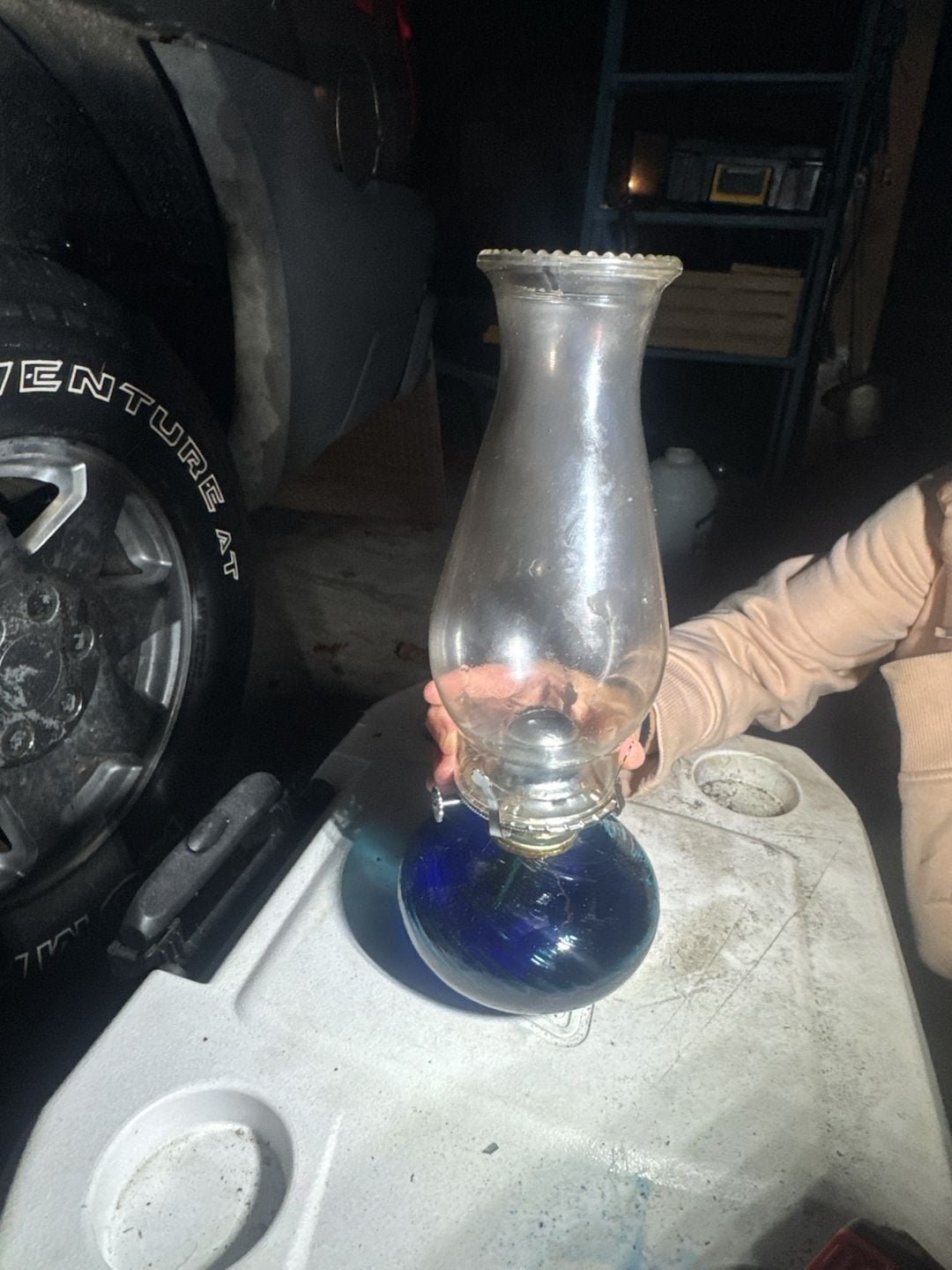Vintage Cobalt Blue Glass Finger Oil Lamp with Hurricane Chimney 1