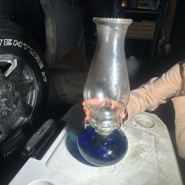 Vintage Cobalt Blue Glass Finger Oil Lamp with Hurricane Chimney