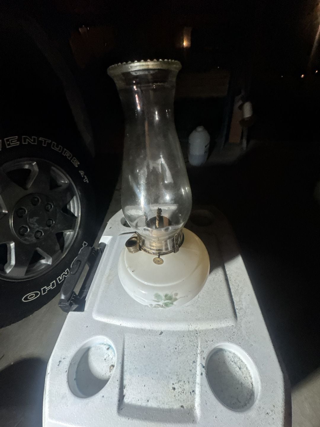 Vintage Lamplight Farms Oil Lamp with Floral Milk Glass Base and Chimney 1