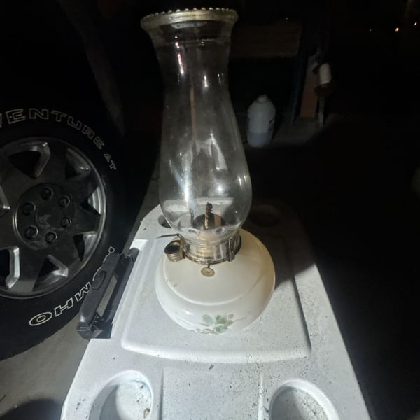 Vintage Lamplight Farms Oil Lamp with Floral Milk Glass Base and Chimney