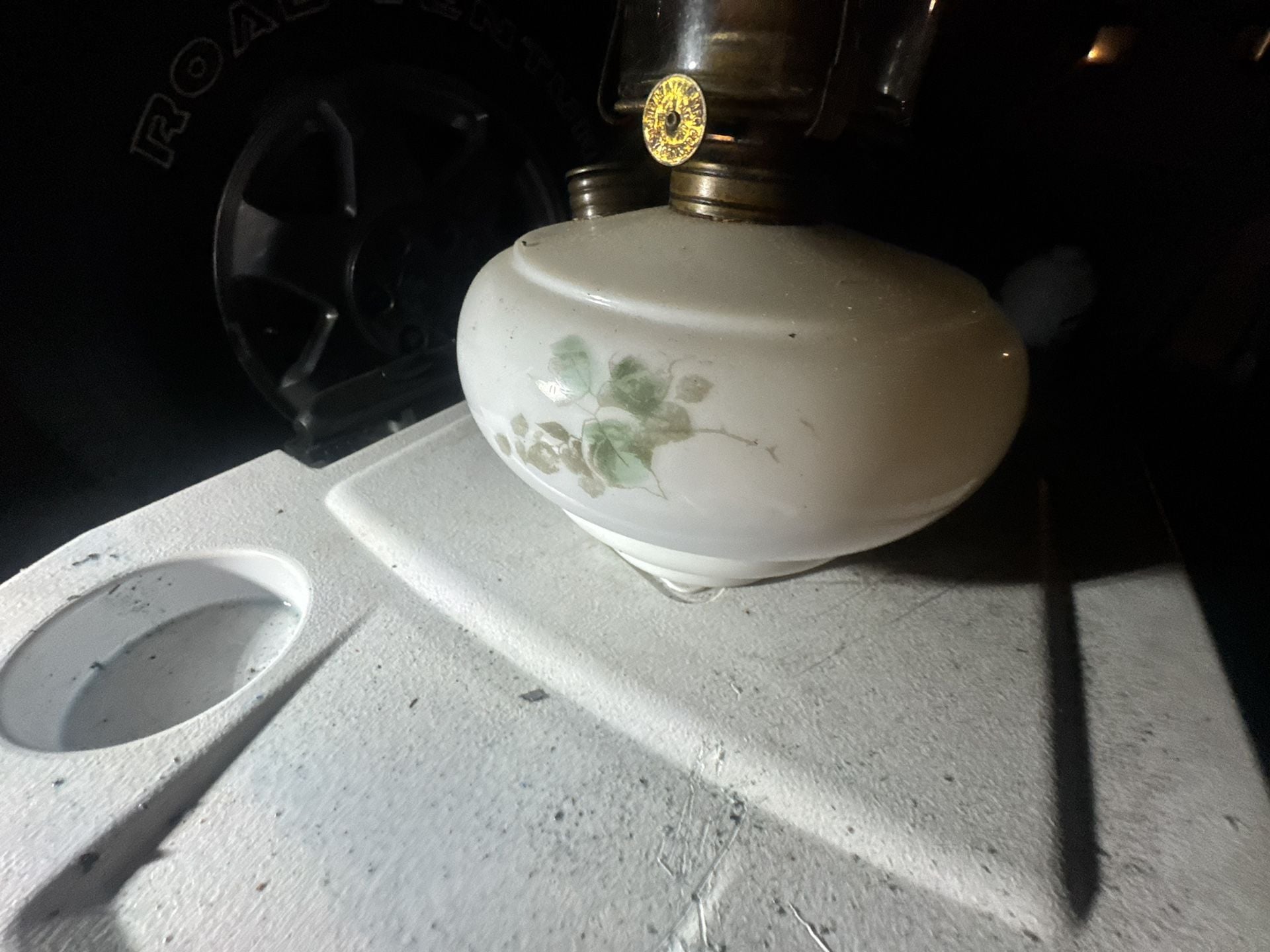 Vintage Lamplight Farms Oil Lamp with Floral Milk Glass Base and Chimney 2