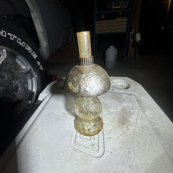 Vintage Avon Glass Oil Lamp Style Perfume Bottle with Grape Embossed Metal Shade