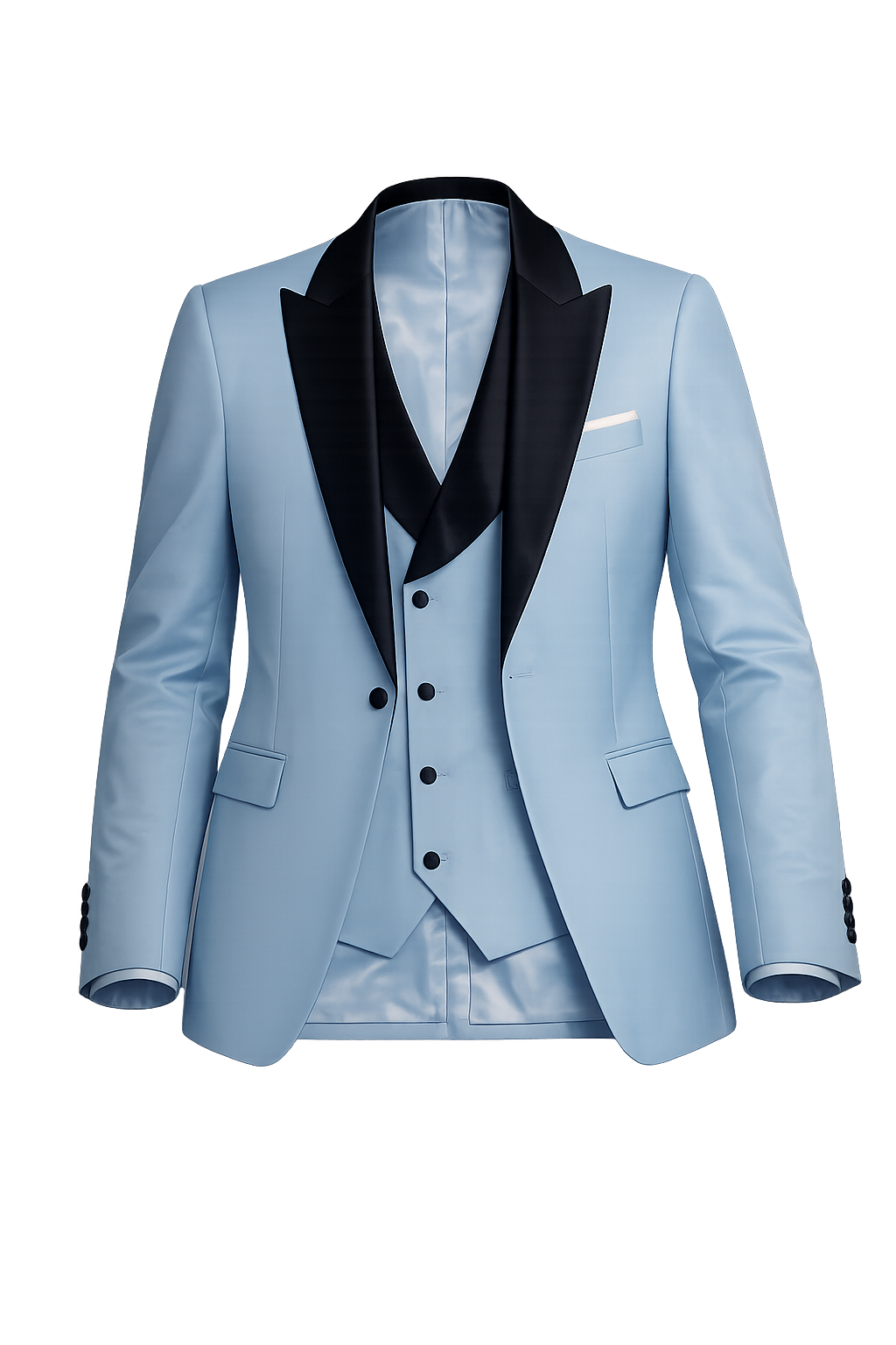 Mens 3-Piece Light Blue Tuxedo Suit with Black Shawl Lapel 1