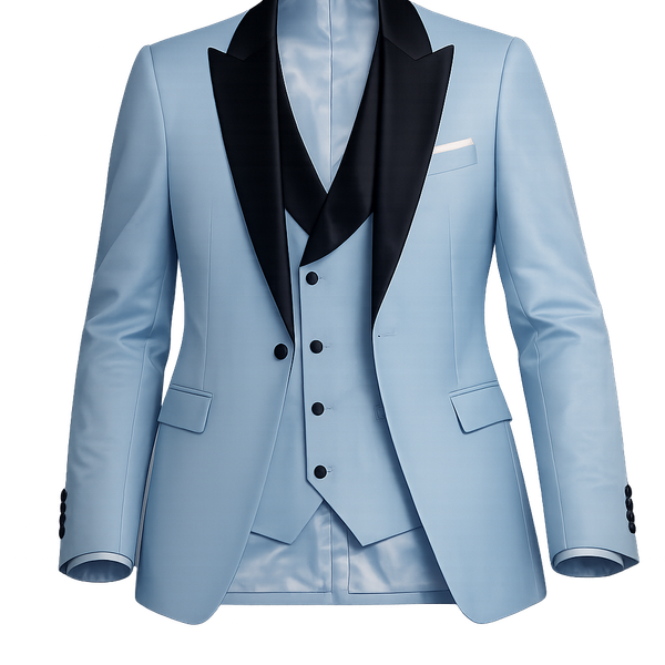 Mens 3-Piece Light Blue Tuxedo Suit with Black Shawl Lapel