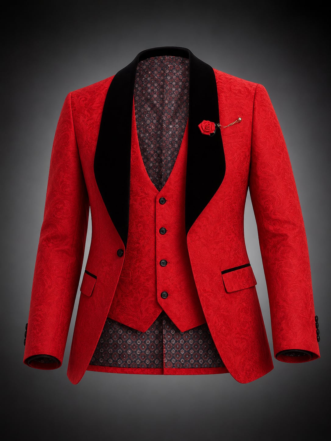 Men's Red Jacquard Slim Fit Shawl Lapel 3-Piece Tuxedo Set 1
