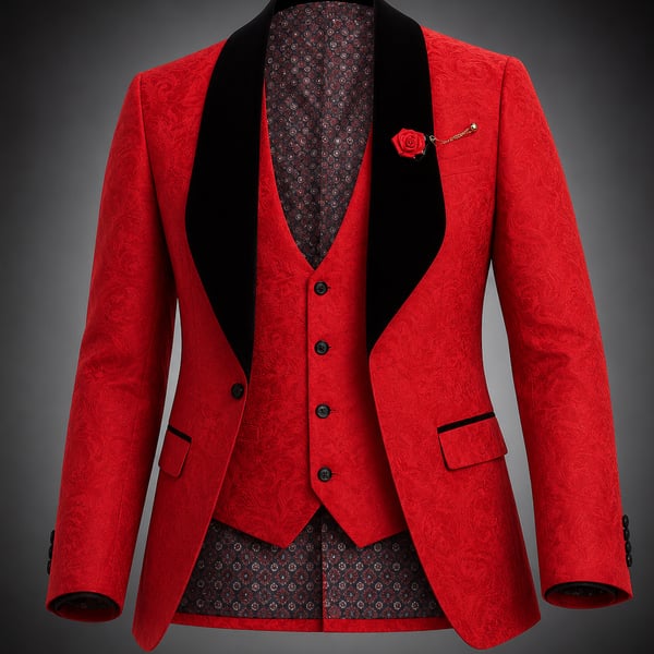 Men's Red Jacquard Slim Fit Shawl Lapel 3-Piece Tuxedo Set