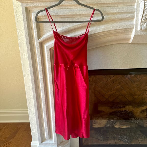 Vintage Red Satin Cowl Neck Slip Nightgown with Lace Detail and Bow