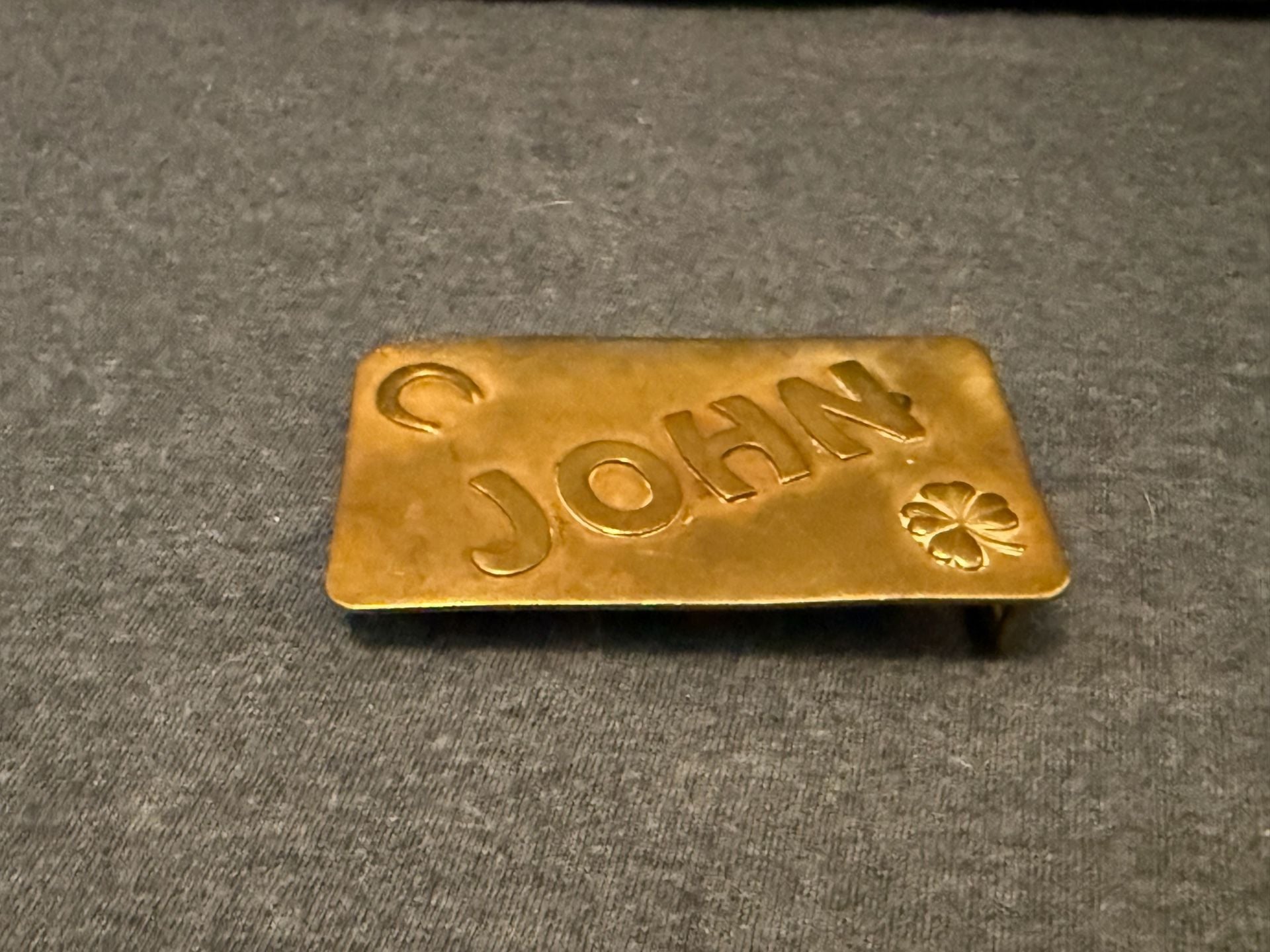 Vintage JOHN Solid Brass Belt Buckle with Horseshoe/Shamrock Detail 3