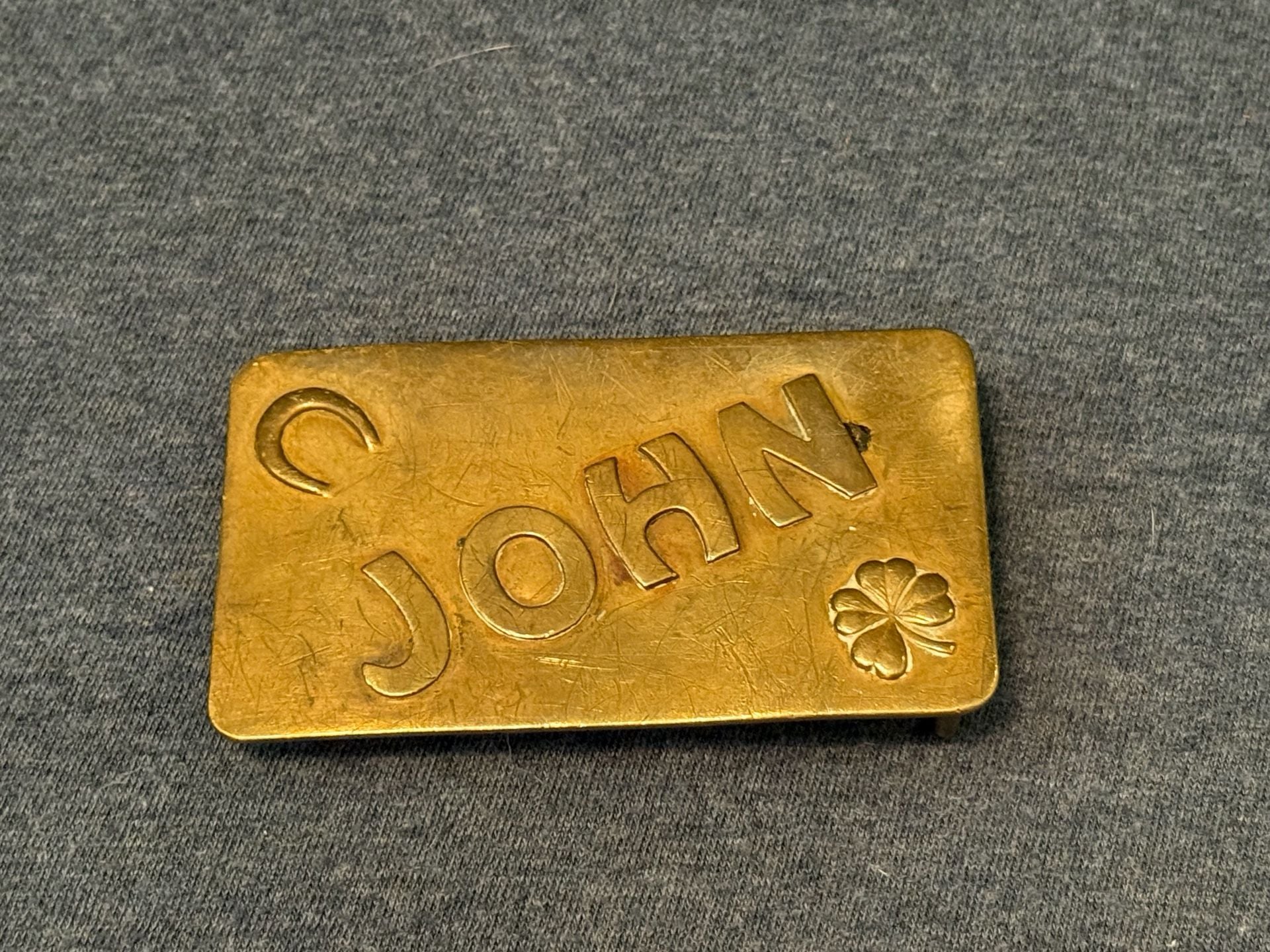 Vintage JOHN Solid Brass Belt Buckle with Horseshoe/Shamrock Detail 2