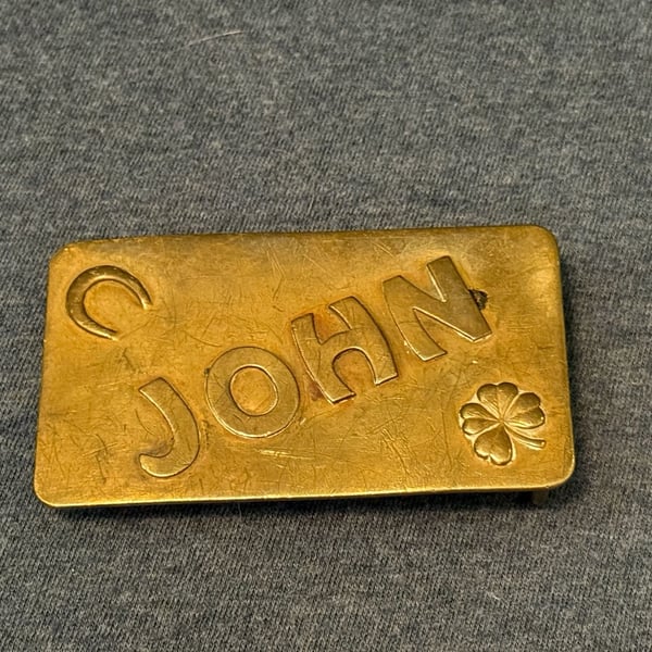 Vintage JOHN Solid Brass Belt Buckle with Horseshoe/Shamrock Detail