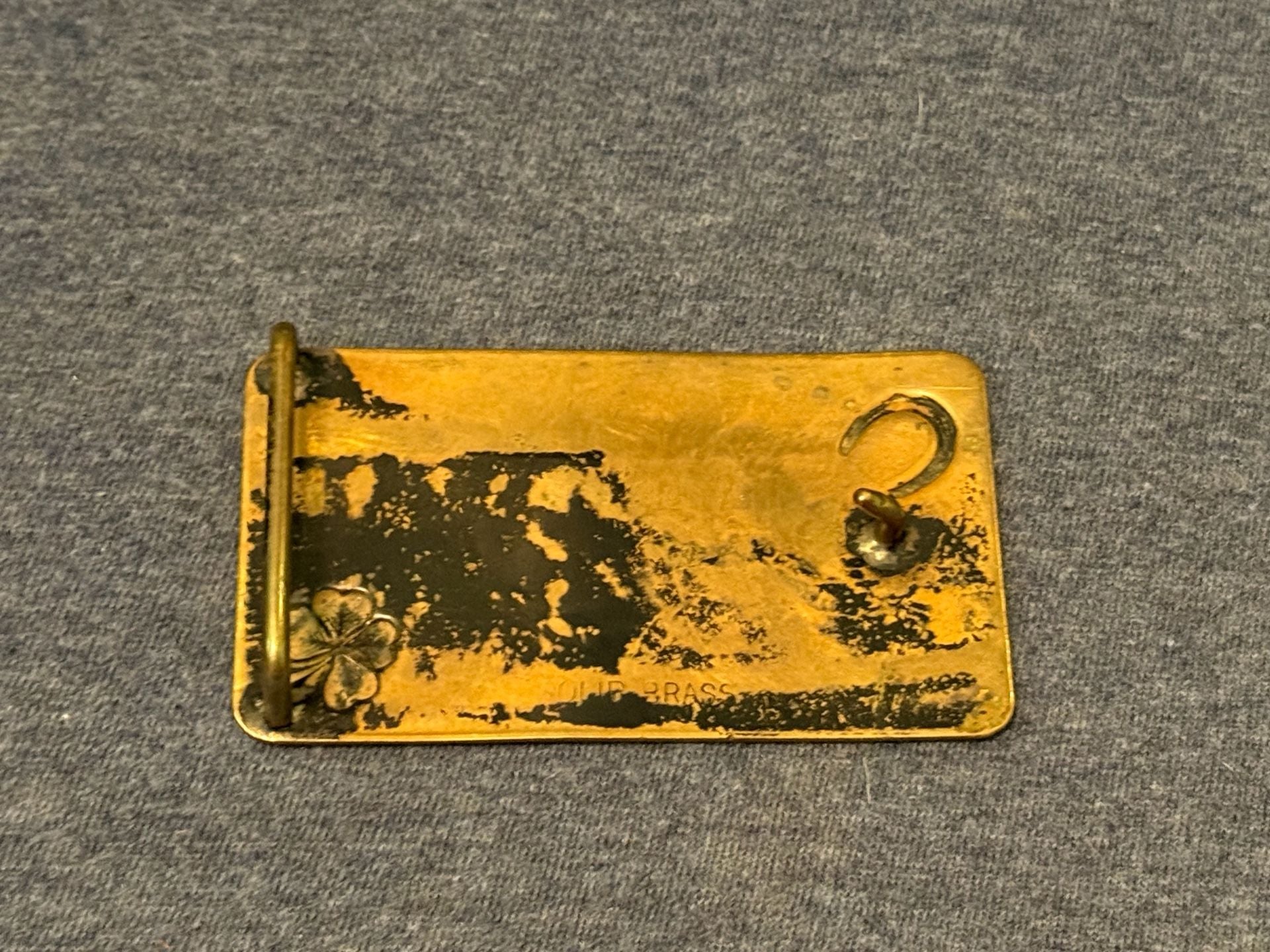 Vintage JOHN Solid Brass Belt Buckle with Horseshoe/Shamrock Detail 4