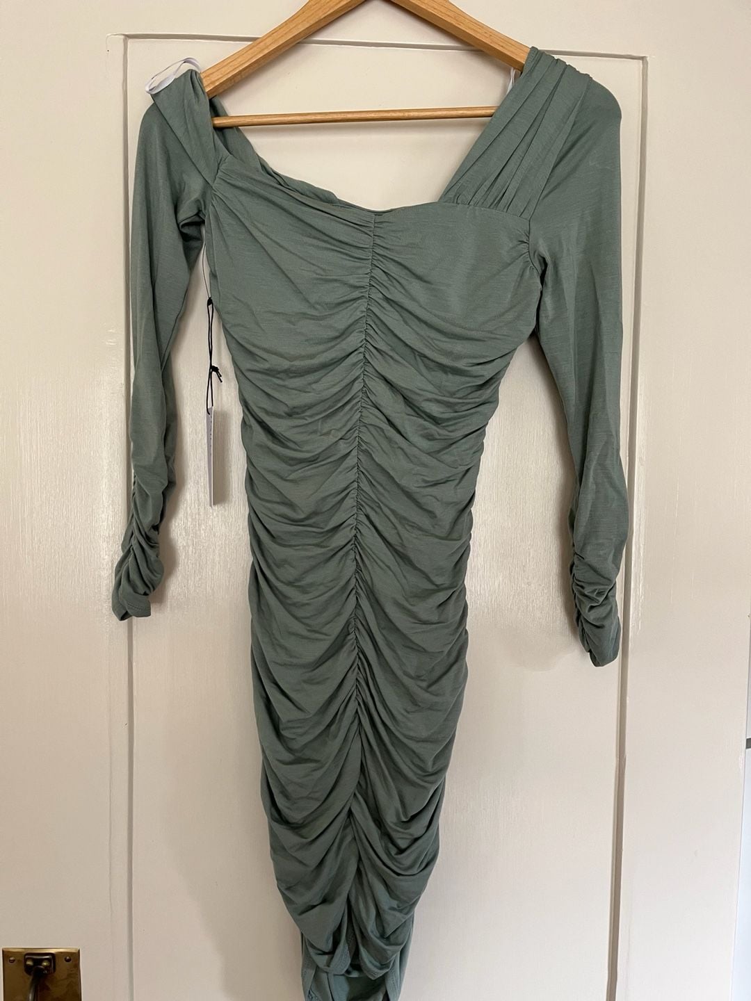 Bailey 44 Women's Long Sleeve Off-Shoulder Ruched Bodycon Mini Dress in Sage Green 7