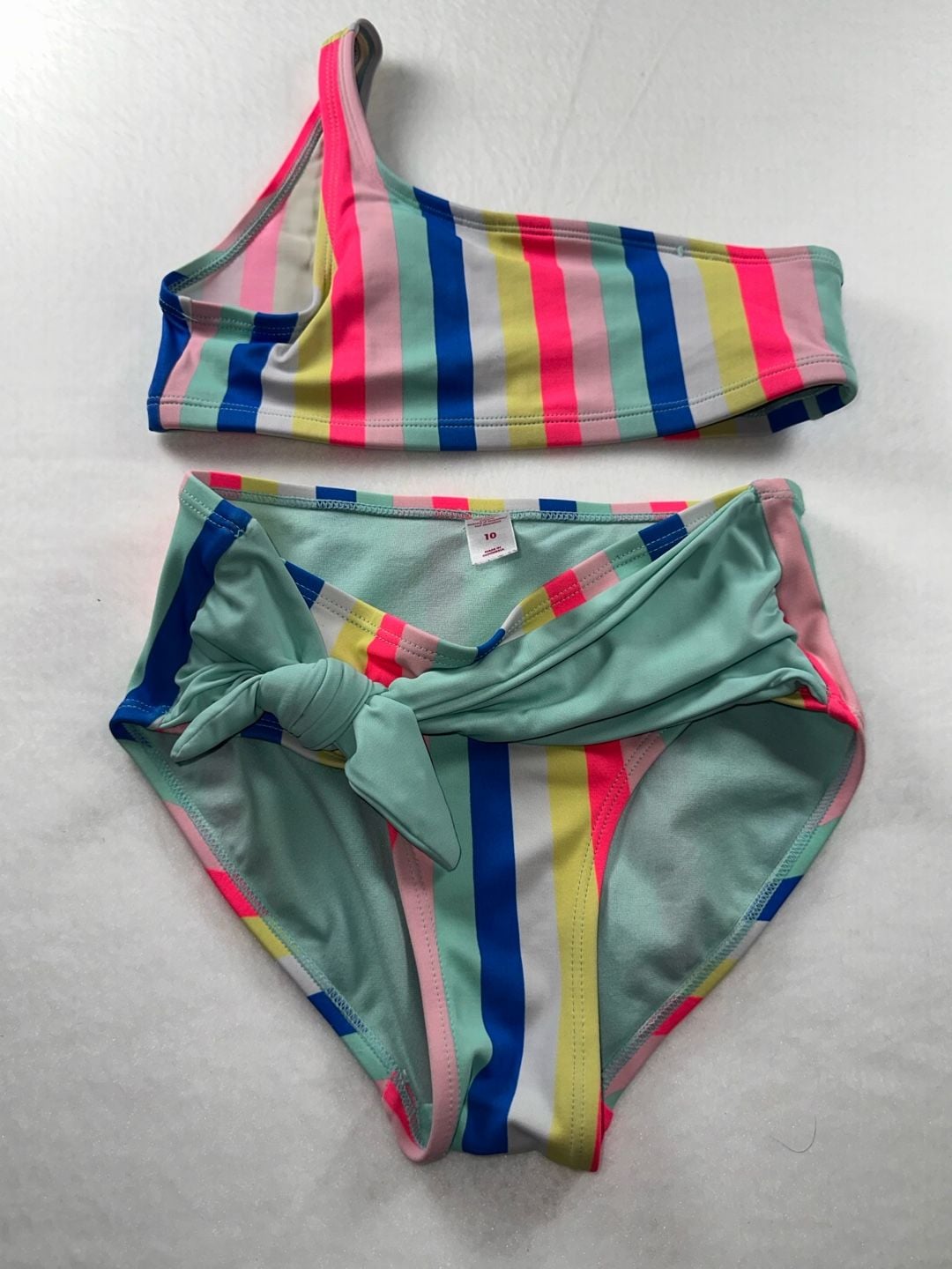 Justice Girls One Shoulder Candy Stripe High-Waist Tie Bikini Set Size 10 1